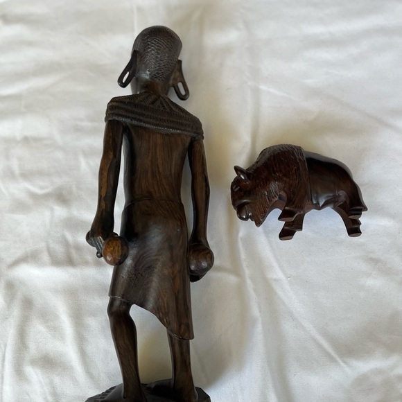 Hand Carved African Iron Wood Tribal Man and Buffalo - Picture 5 of 5